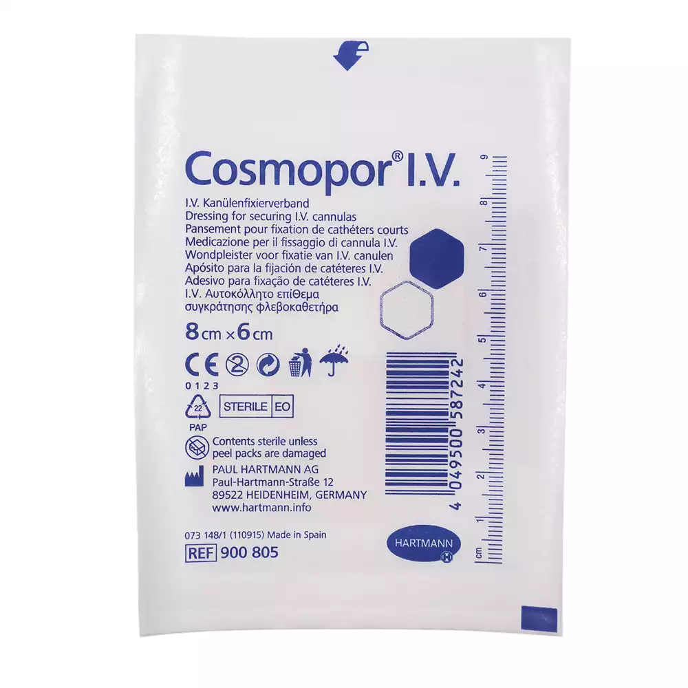 Повязка самоклеящаяся COSMOPOR I.V, размер 8*6см, для фиксации катетеров и канюль, для защиты места пункции