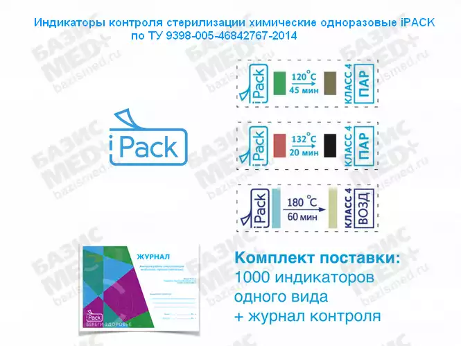 Индикатор контроля паровой стерилизации iPACK-4ПК, температура 121/20, упаковка 1000шт, (снаружи и внутри упаковок и изделий) 4 класс