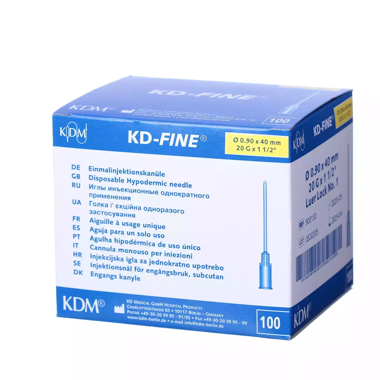 Игла инъекционная стерильная 20Gх1 1/2 (0,9х40мм) KD-Fine, подходит для соединений Luer Slip/Luer Lock, желтая