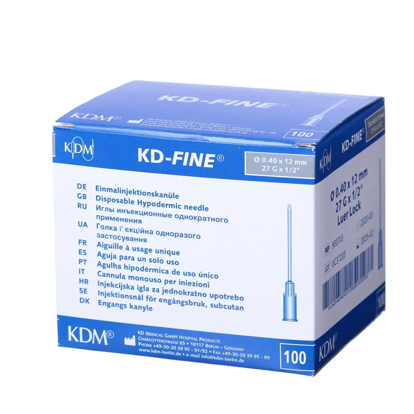 Игла инъекционная стерильная 27G (0,4*12мм) KD-Fine, подходит для соединений Luer Slip/Luer Lock, серая
