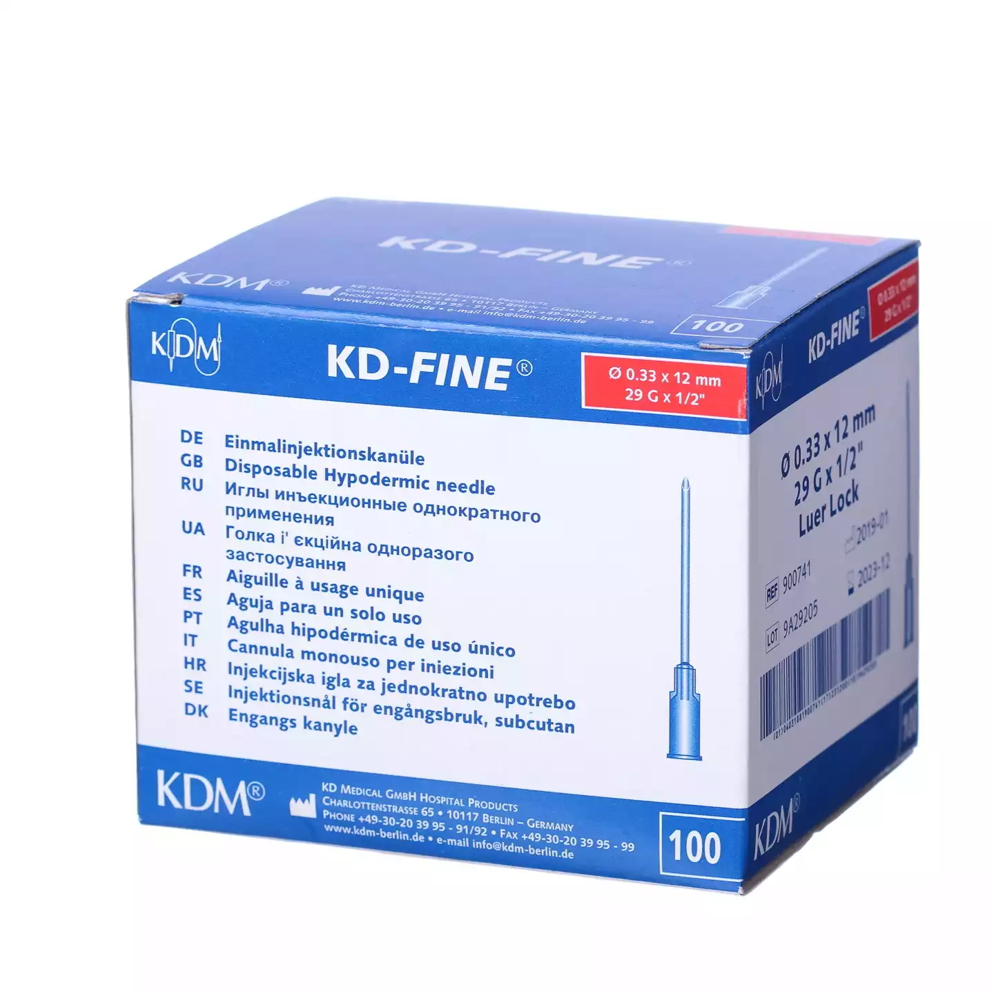 Игла для микроинъекций 29G (0,33*12мм) KD-Fine, подходит для соединений Luer Slip/Luer Lock, красный