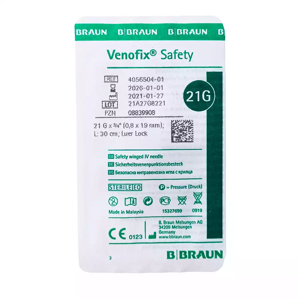 Игла - бабочка Венофикс Сэйфти 21G (0,80*19мм), длина 300мм, стерильная, зеленая