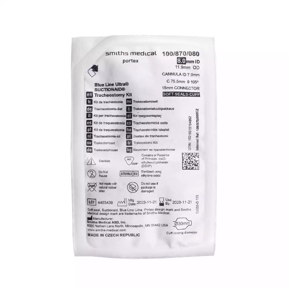 Трубка трахеостомическая Blue Line Ultra 8,0, с манжетой Софт Сеал диаметр 30мм, диаметр трубки 8,0/11,93мм, длина 75,5,мм, не фенестрированная, с санацией надманжеточного пространства