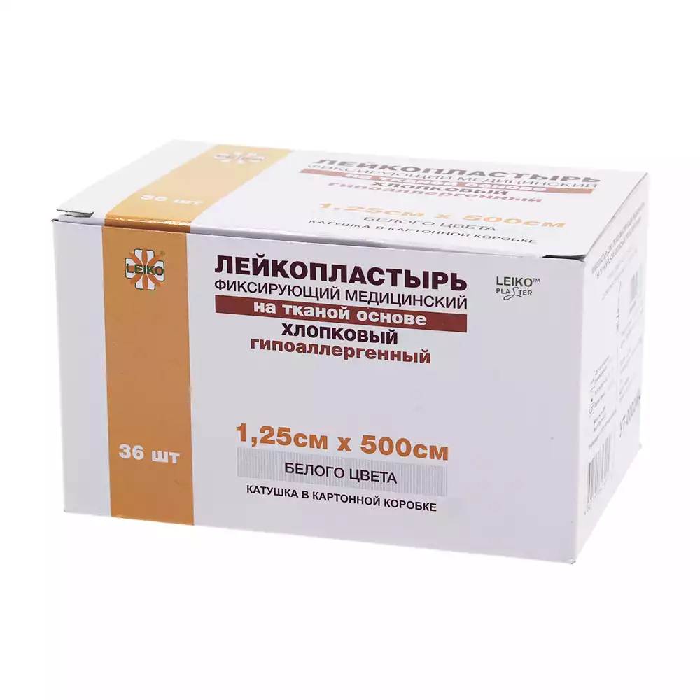 Лейкопластырь LEIKO, на тканевой хлопковой основе, фиксирующий, размер 1,25см*500см, гипоаллергенный, катушка в картонной коробке