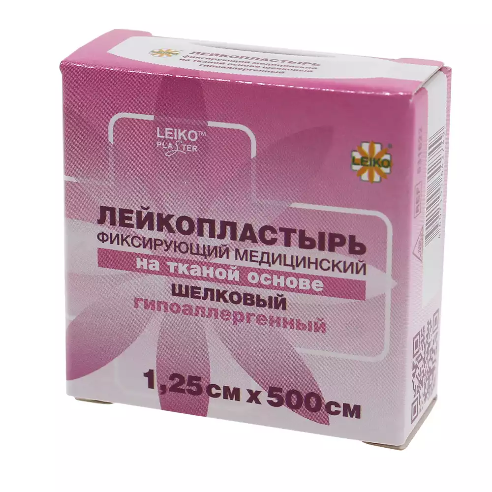 Лейкопластырь LEIKO, на шелковой основе,фиксирующий, размер 1,25см*500см, гипоаллергенный, катушка в картонной коробке