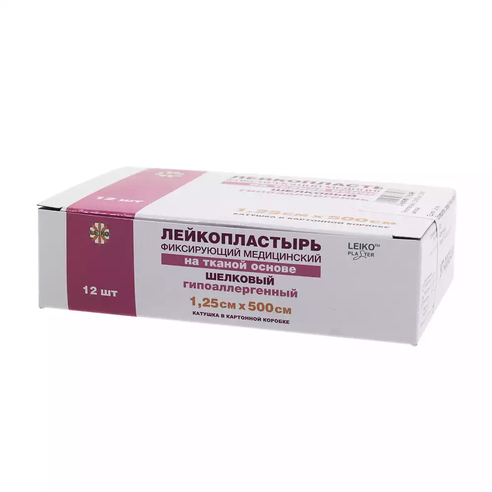 Лейкопластырь LEIKO, на шелковой основе,фиксирующий, размер 1,25см*500см, гипоаллергенный, катушка в картонной коробке