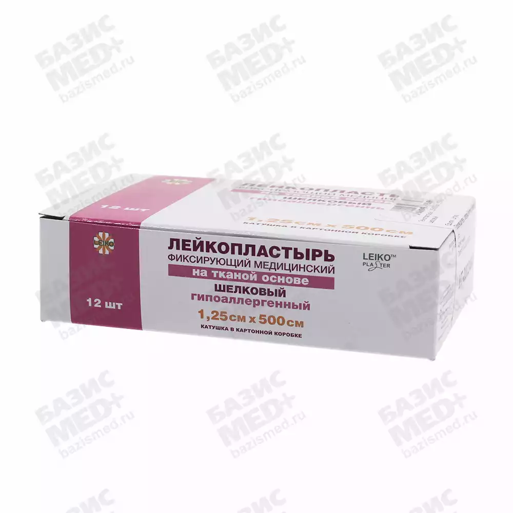 Лейкопластырь LEIKO, на шелковой основе,фиксирующий, размер 1,25см*500см, гипоаллергенный, катушка в картонной коробке