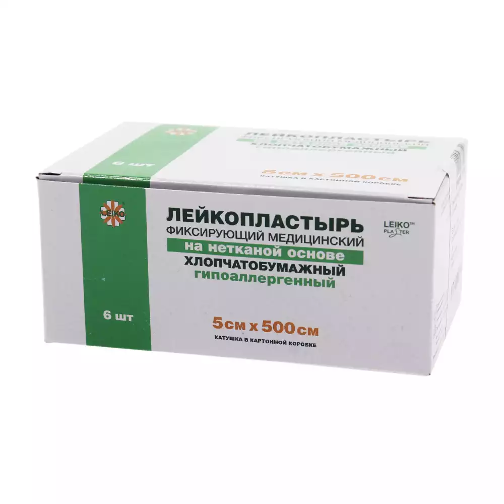 Лейкопластырь LEIKO, на нетканой хлопчатобумажной основе, размер 5см*500см, гипоаллергенный, катушка в картонной коробке