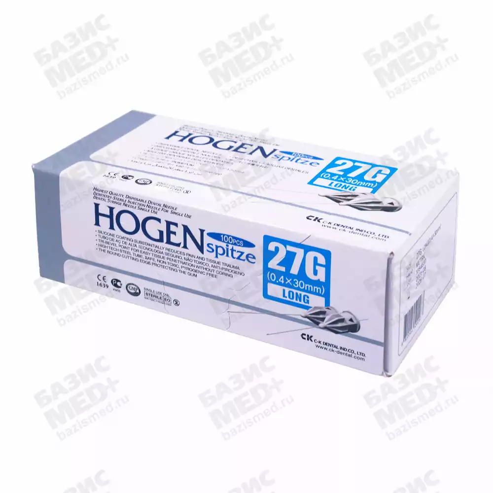 Игла карпульная Hogen, размер 27G (0,4*30мм), упаковка 100шт
