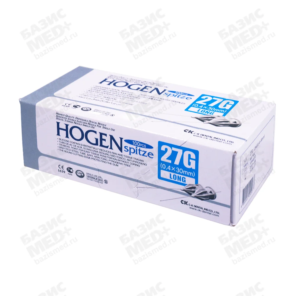 Игла карпульная Hogen, размер 27G (0,4*30мм), упаковка 100шт