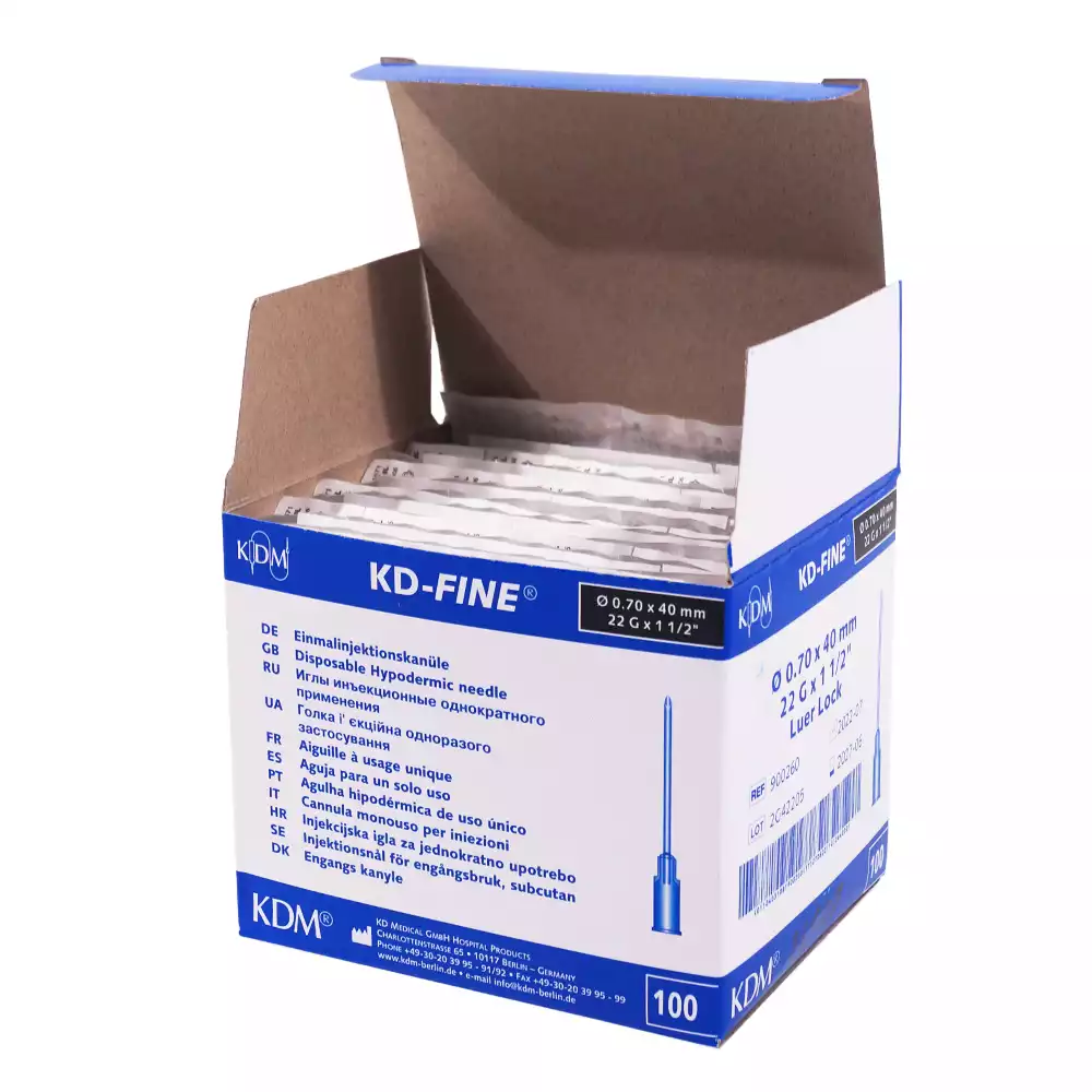 Игла инъекционная стерильная 22G (0,7*40мм) KD-Fine, подходит для соединений Luer Slip/Luer Lock, черная