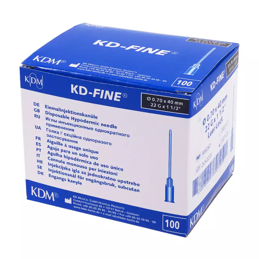 Игла инъекционная стерильная 22G (0,7*40мм) KD-Fine, подходит для соединений Luer Slip/Luer Lock, черная