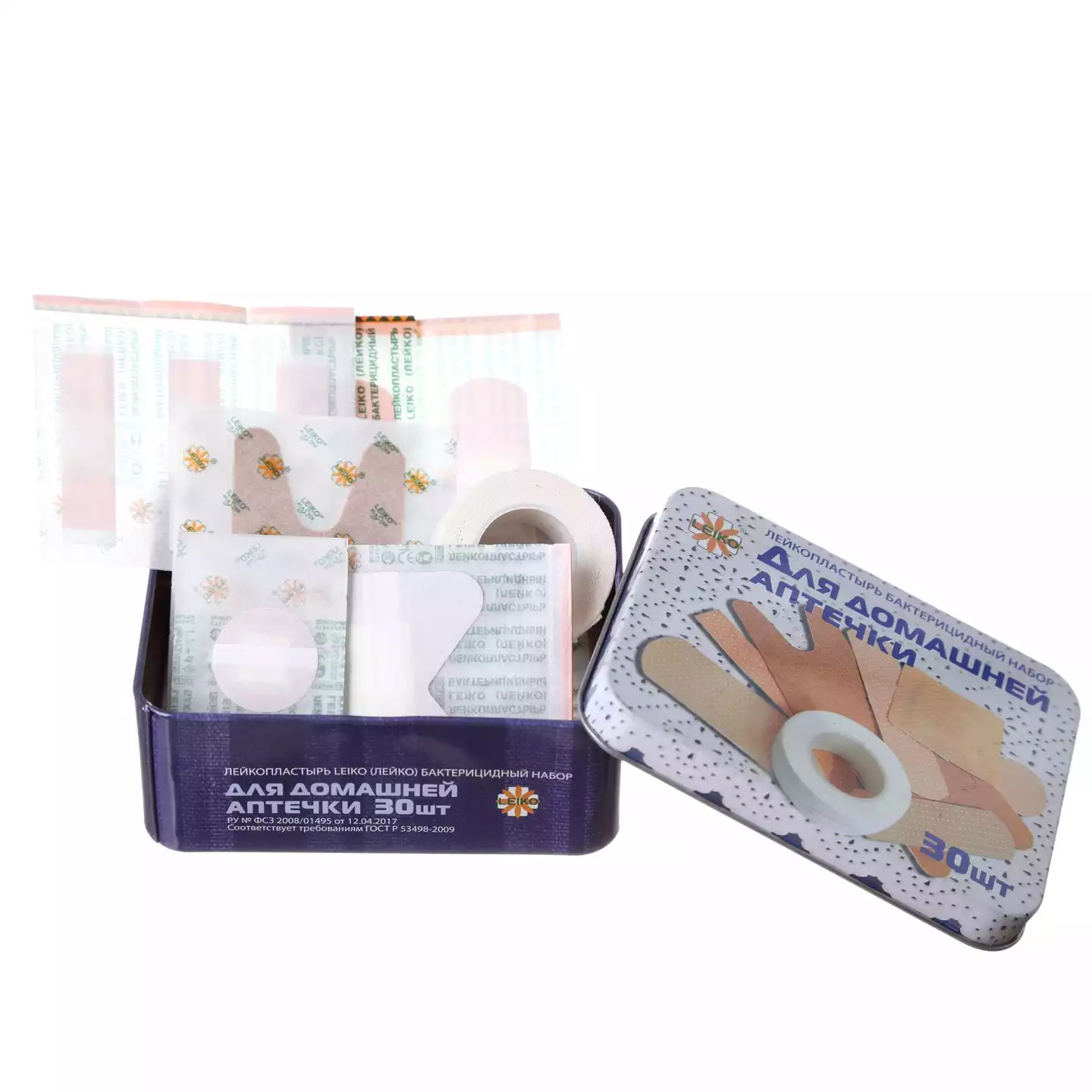Лейкопластырь LEIKO бактерицидный, «Для домашней аптечки №30» в жестяной упаковке, набор