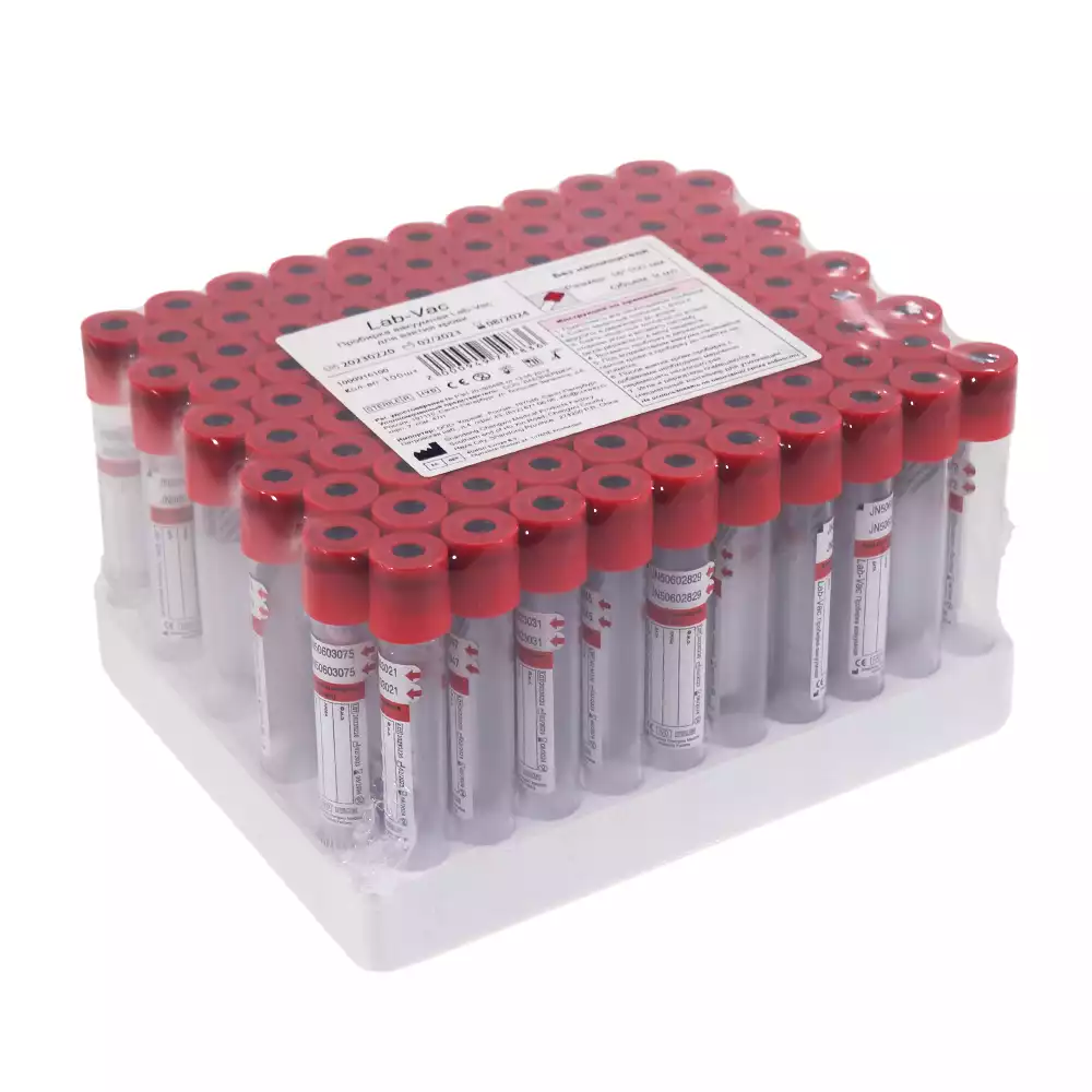 Пробирка вакуумная пластиковая для исследования сыворотки Lab-Vac, объем 9мл, размер 16*100 мм, (без наполнителя), цвет крышки красный