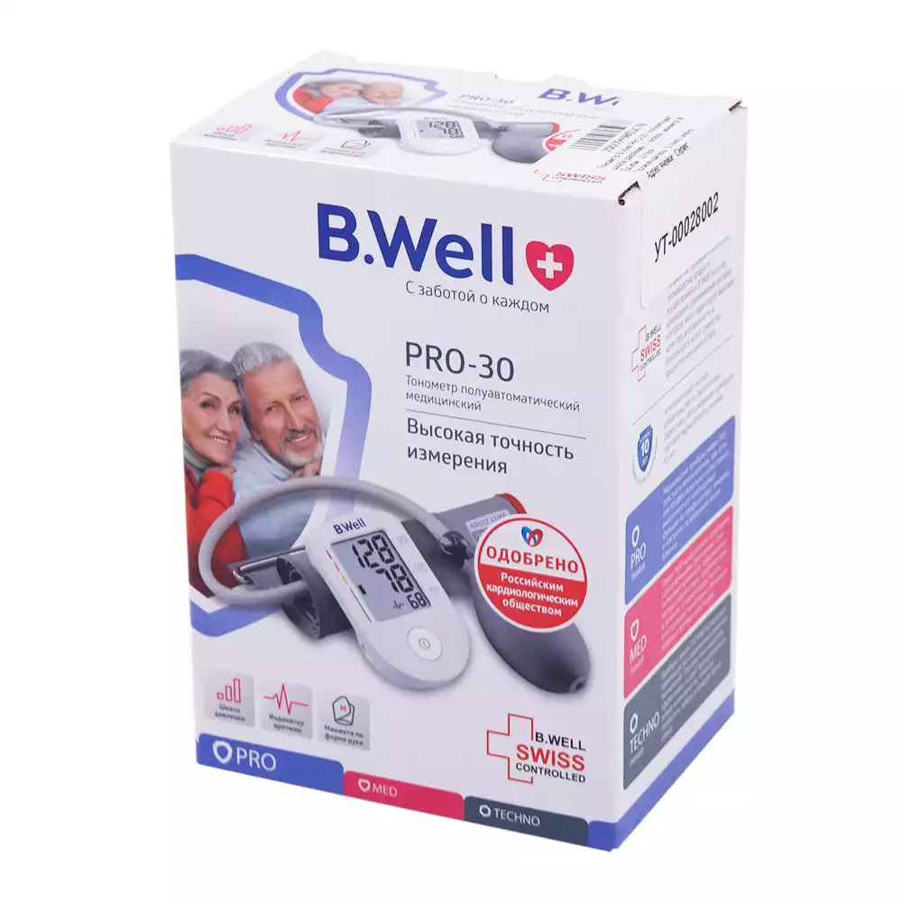 Тонометр B.Well PRO-30, полуавтомат, 1 кнопка, манжета 22-32 см, диагностика аритмии