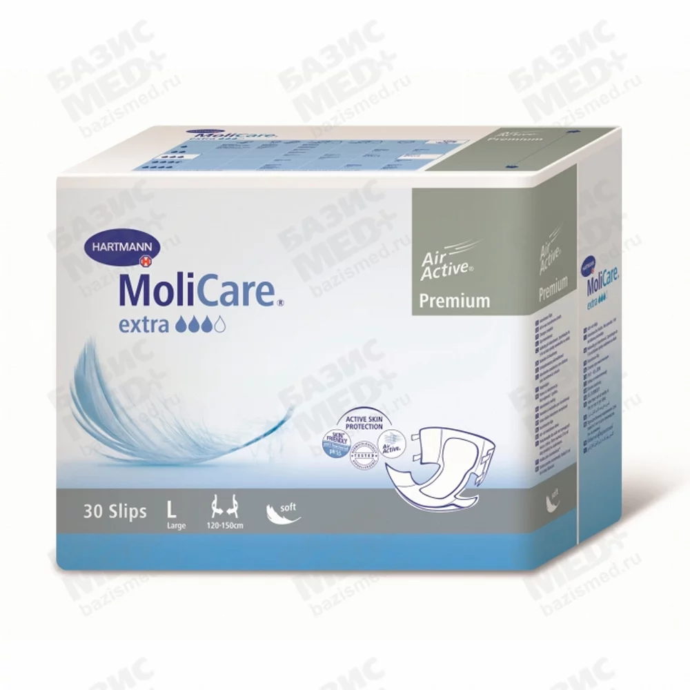 Подгузники для взрослых MOLICARE Premium extra soft, размер L, объем талии 120-150см, средняя степень недержания, упаковка 30шт