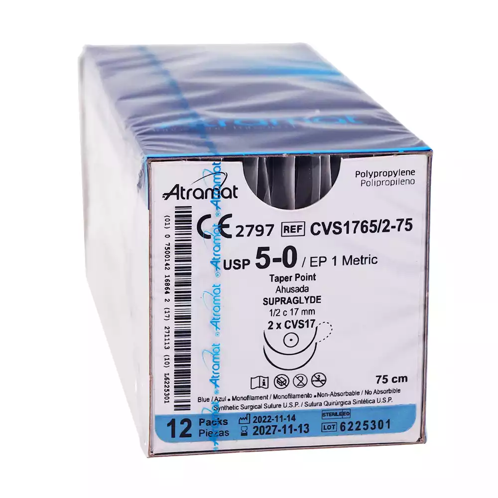 Атрамат (POLYPROPYLENE) 5/0 (1), длина 75см, игла двойная колющая Супраглайд CVS-17,1/2 окружности 17мм, синий, упаковка 12шт, SVC1765/75