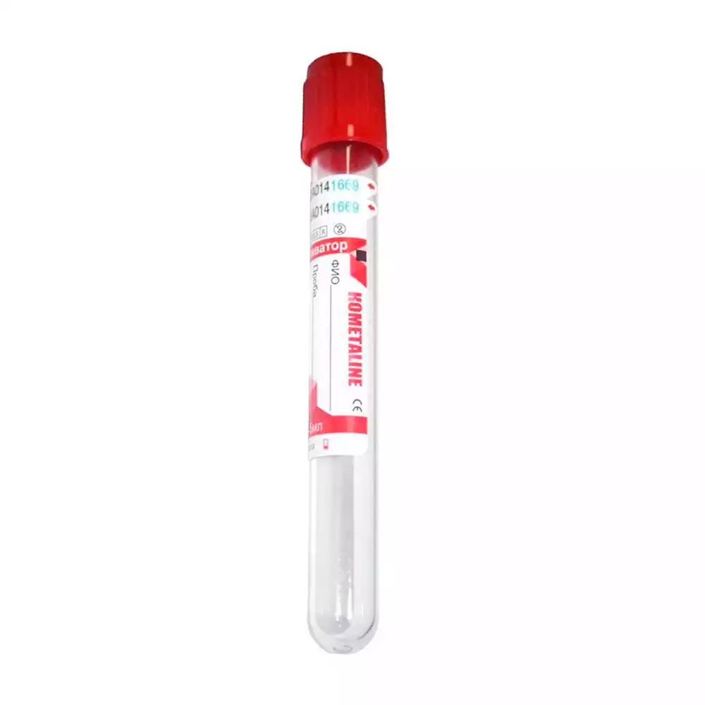 Пробирка вакуумная пластиковая KOMETALINE, объем 6,0мл, размер 13*100мм, с активатором свертывания, цвет крышки красный