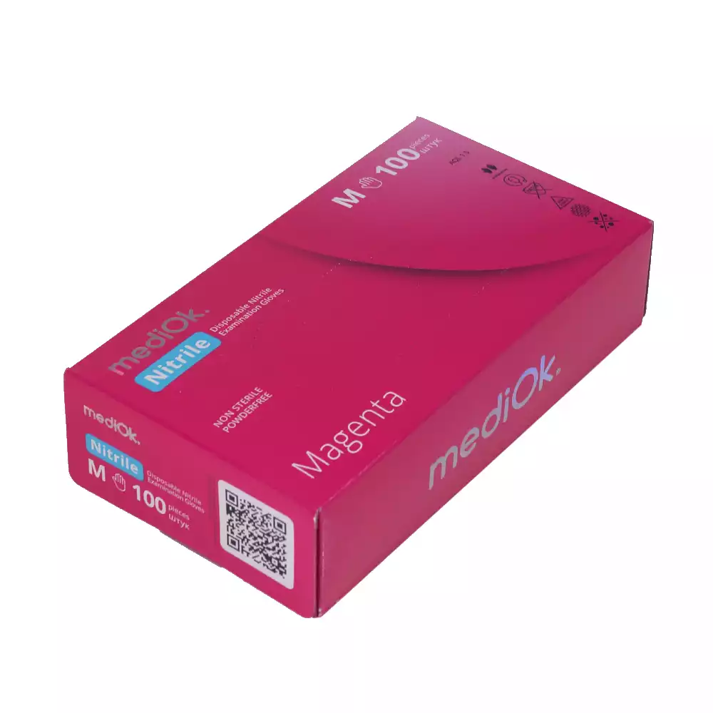 Перчатки mediOk Nitryl Magenta, размер M, нитриловые, вес 7,0 г/пара, неопудренные, текстурированные на пальцах, нестерильные, цвет розовый, упаковка 50 пар