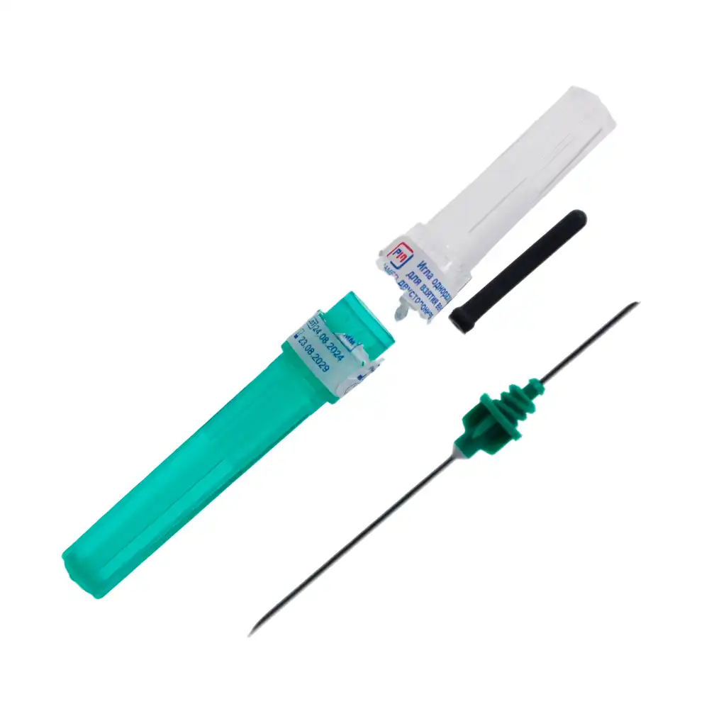 Игла двусторонняя для забора крови Paramed, размер 21G (0,8х38мм), (зеленый колпачок)