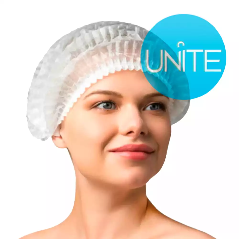 Шапочка Шарлотта (клип) Unite, материал СМС 15г/м2, двойная резинка, длина 48см, нестерильная, белая