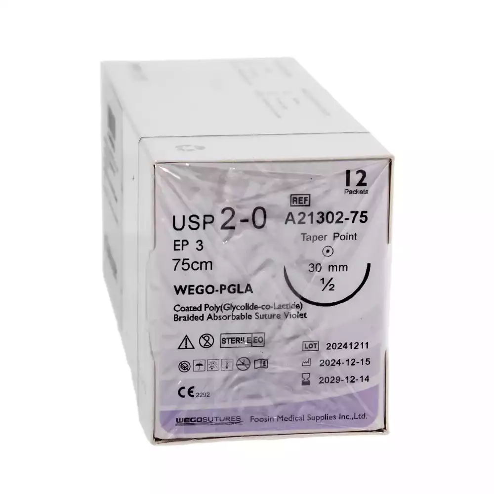 Шовный материал WEGO PGLA 2/0 (3) длина 75см, игла колющая 4/8 окружности 30мм, фиолетовый упаковка 12шт, A21302-75 (аналог Викрил W9121)