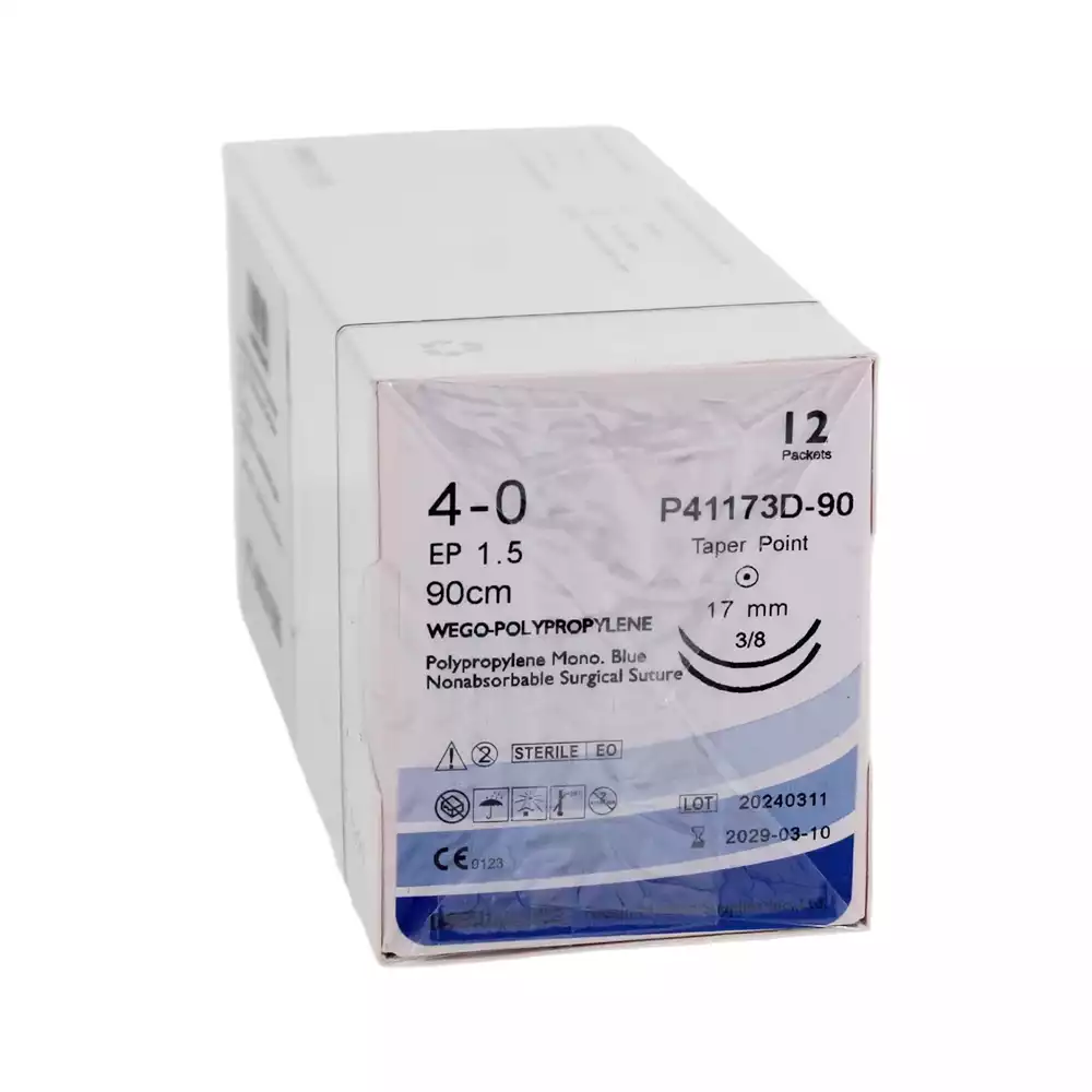 Шовный материал WEGO Polypropylene 4/0 (1,5) длина 75см, игла колющая 4/8 окружности 20мм, синий, упаковка 12шт, P41202-75 (аналог Пролен W8761)