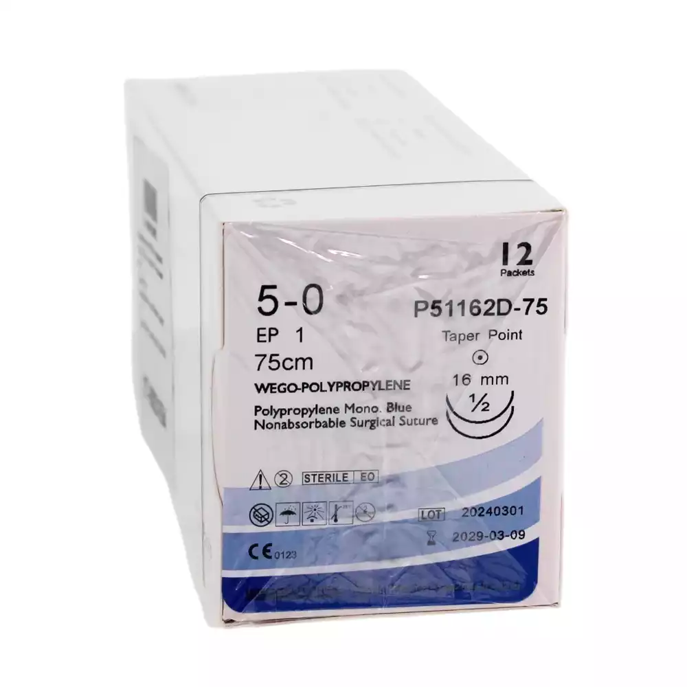 Шовный материал WEGO Polypropylene 5/0 (1) длина 75см, 2 иглы колющих 4/8 окружности 16мм, синий, упаковка 12шт, P51162D-75 (аналог Пролен W8556)