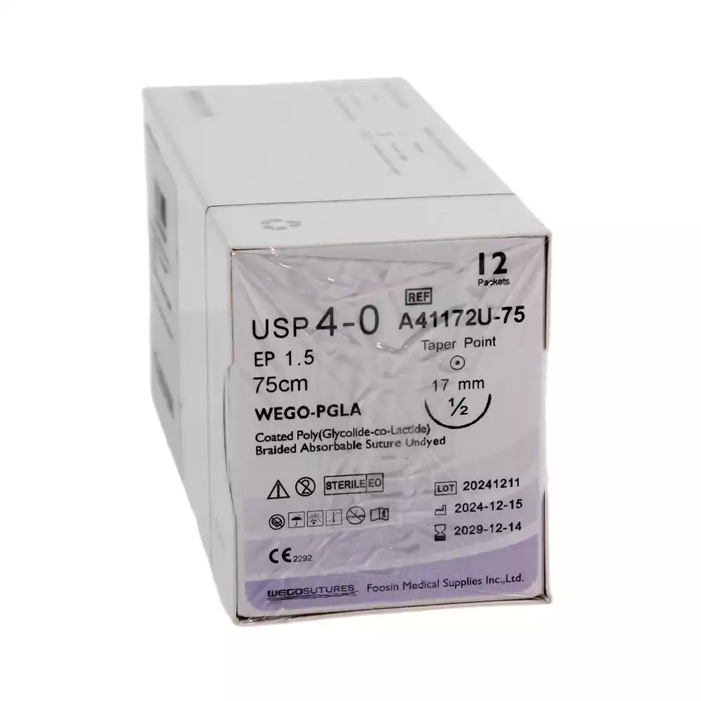 Шовный материал WEGO PGLA 4/0 (1,5) длина 75см, игла колющая 4/8 окружности 17мм, фиолетовый упаковка 12шт, A41172U-75 (аналог Викрил W9106)