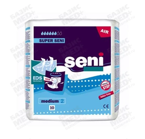 Подгузники для взрослых Seni Super, размер М(2), обхват талии 75-110см, упаковка 10шт