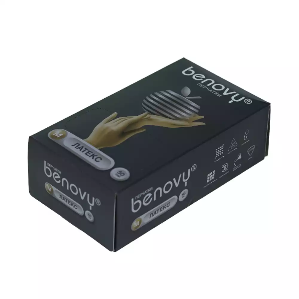 Перчатки BENOVY стоматологические, размер M, текстурированные, неопудренные, латексные, двойная хлоринация, нестерильные, упаковка 50 пар