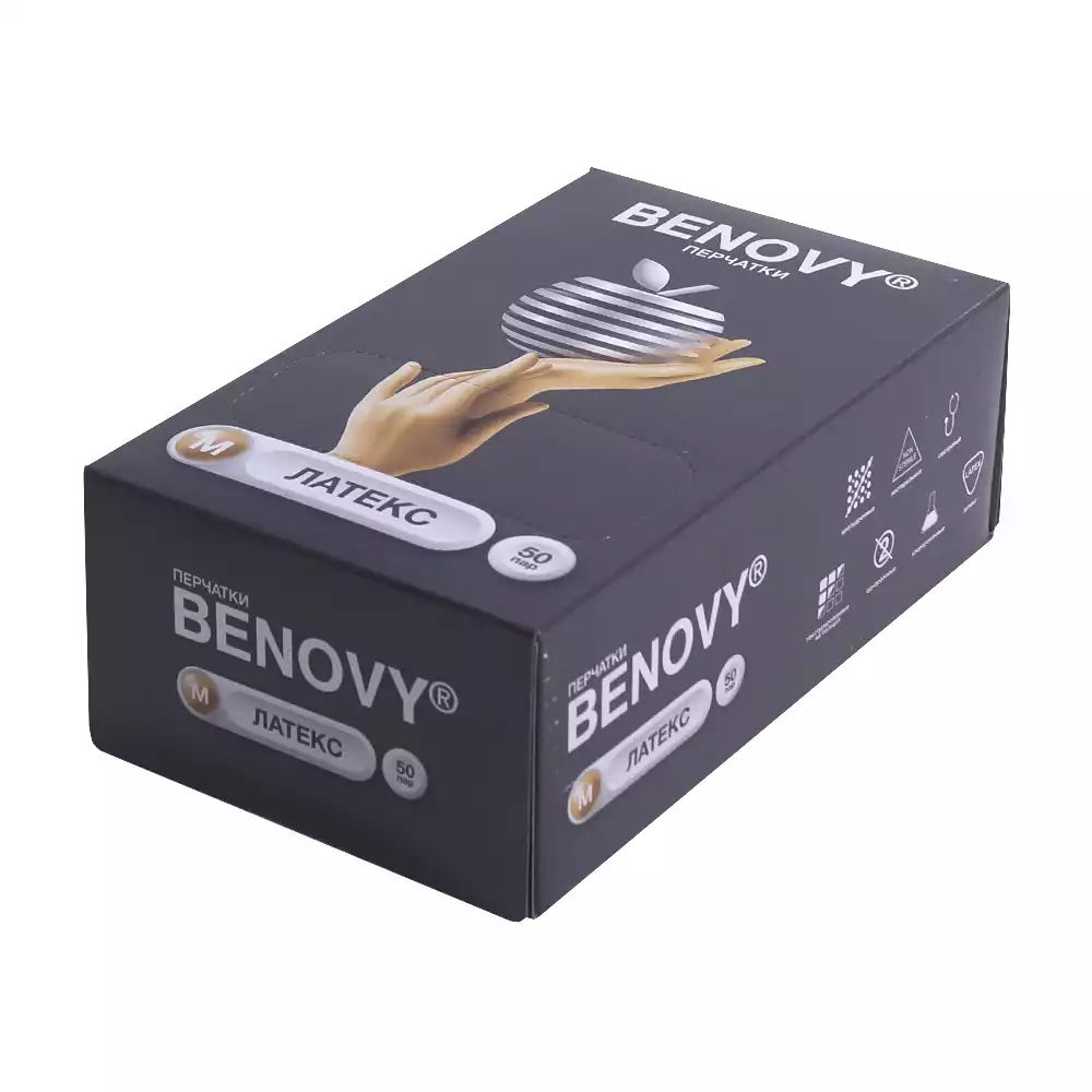 Перчатки BENOVY, размер M, латексные, неопудренные, гладкие, нестерильные, манжета с валиком, упаковка 50 пар