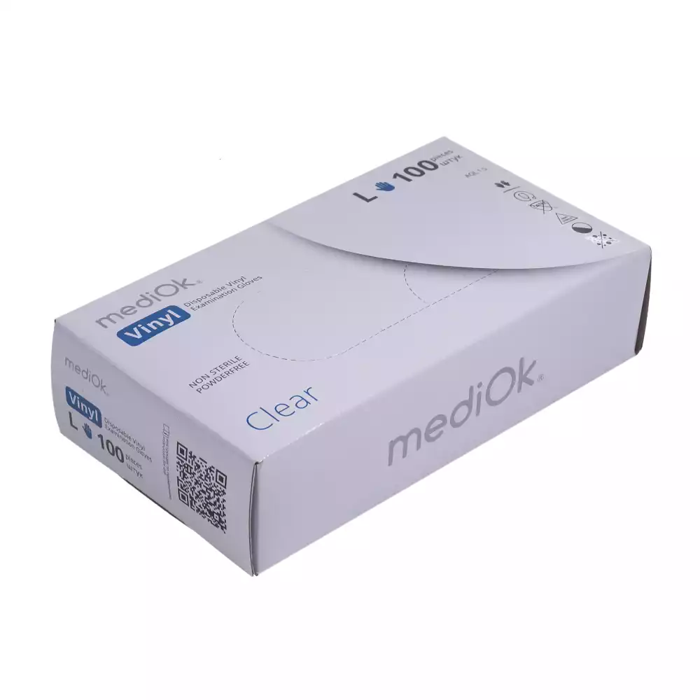 Перчатки mediOK Vinyl, виниловые (медицинские), размер L, вес 8,0 г/пара, неопудренные, нестерильные, упаковка 50 пар