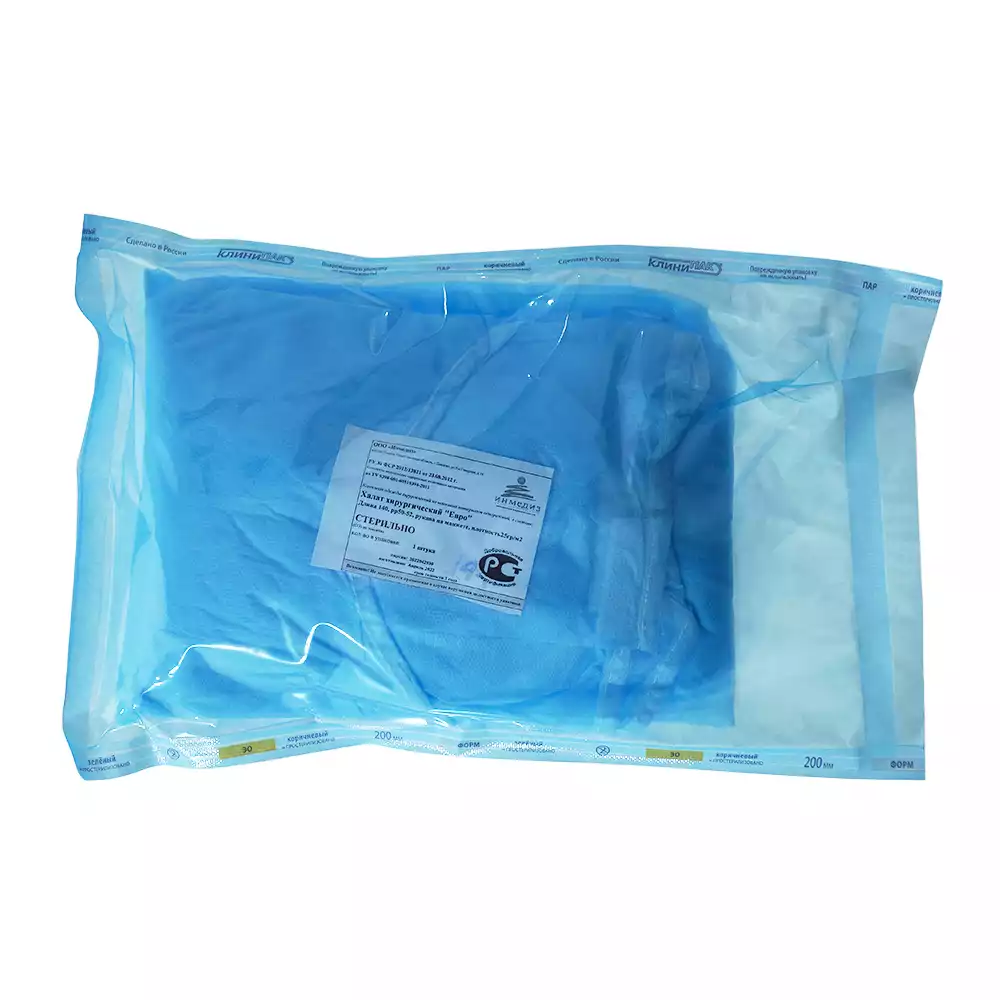 Халат хирургический ЕВРО, длина 140см, материал СМС 25г/м2, размер 50-52, стерильный