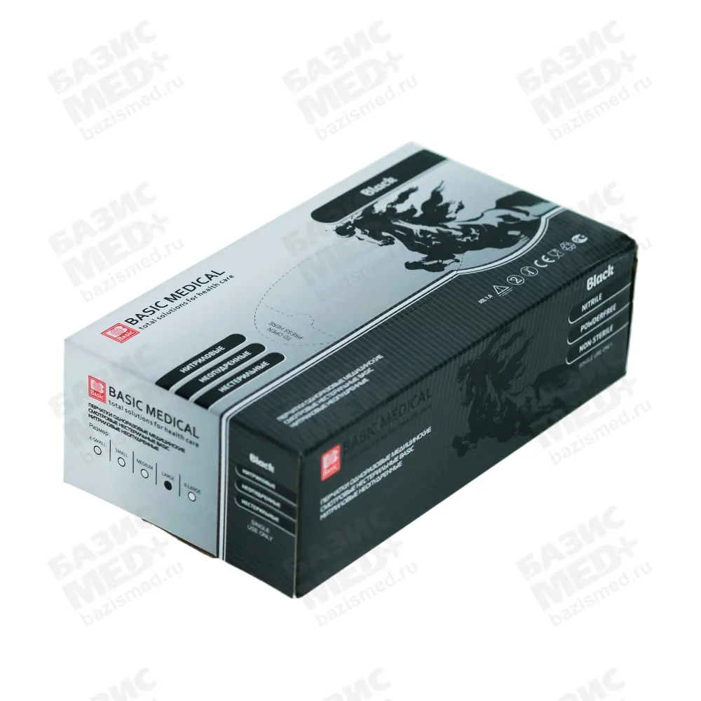 Перчатки Basic Black, размер L, нитриловые, вес 7,0 г/пара, неопудренные, текстурированные на пальцах, цвет черный, нестерильные, упаковка 50 пар