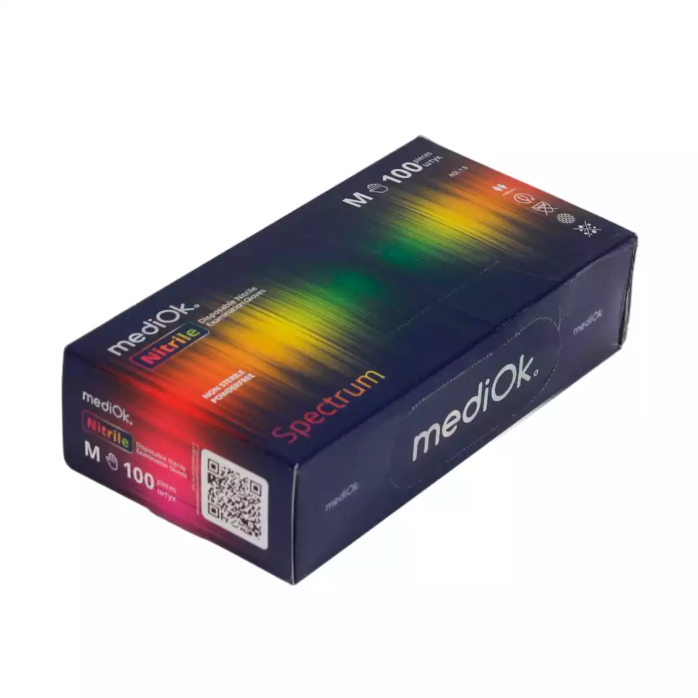 Перчатки mediOk SPECTRUM, размер M, нитриловые, вес 7,0г/пара, неопудренные, текстурированные на пальцах, разноцветные, нестерильные, упаковка 50 пар