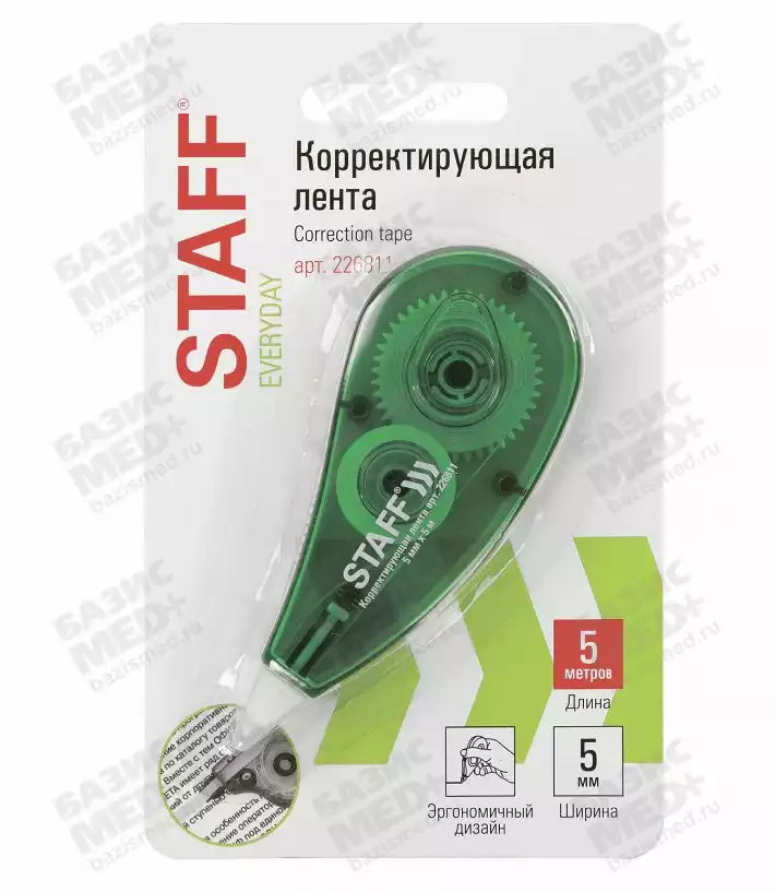 Корректирующая лента STAFF EVERYDAY, 5 мм х 5 м, корпус зеленый