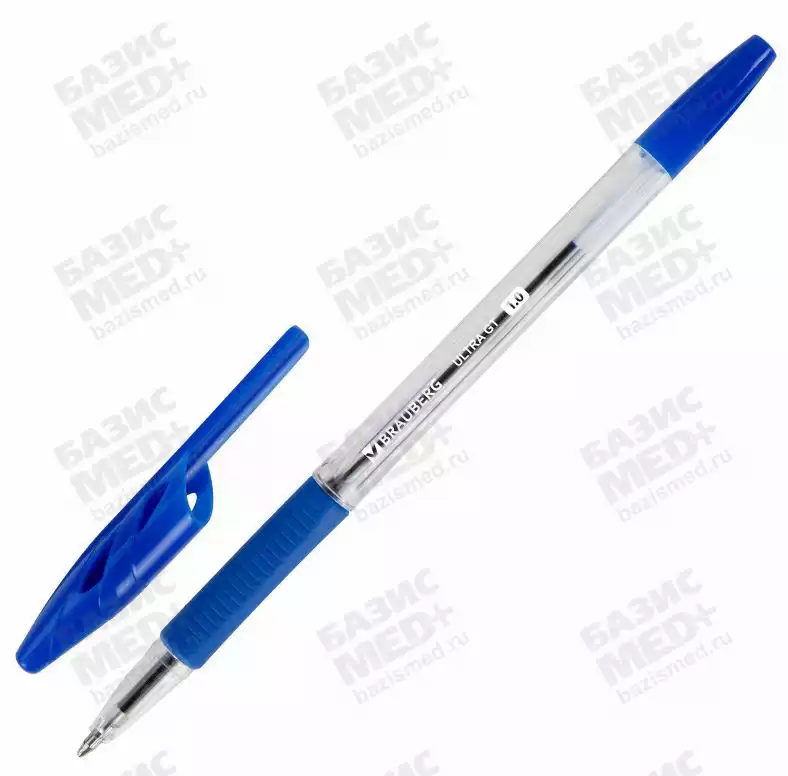 Ручка шариковая с грипом BRAUBERG "ULTRA GT", СИНЯЯ, корпус прозрачный, линия 0,5 мм