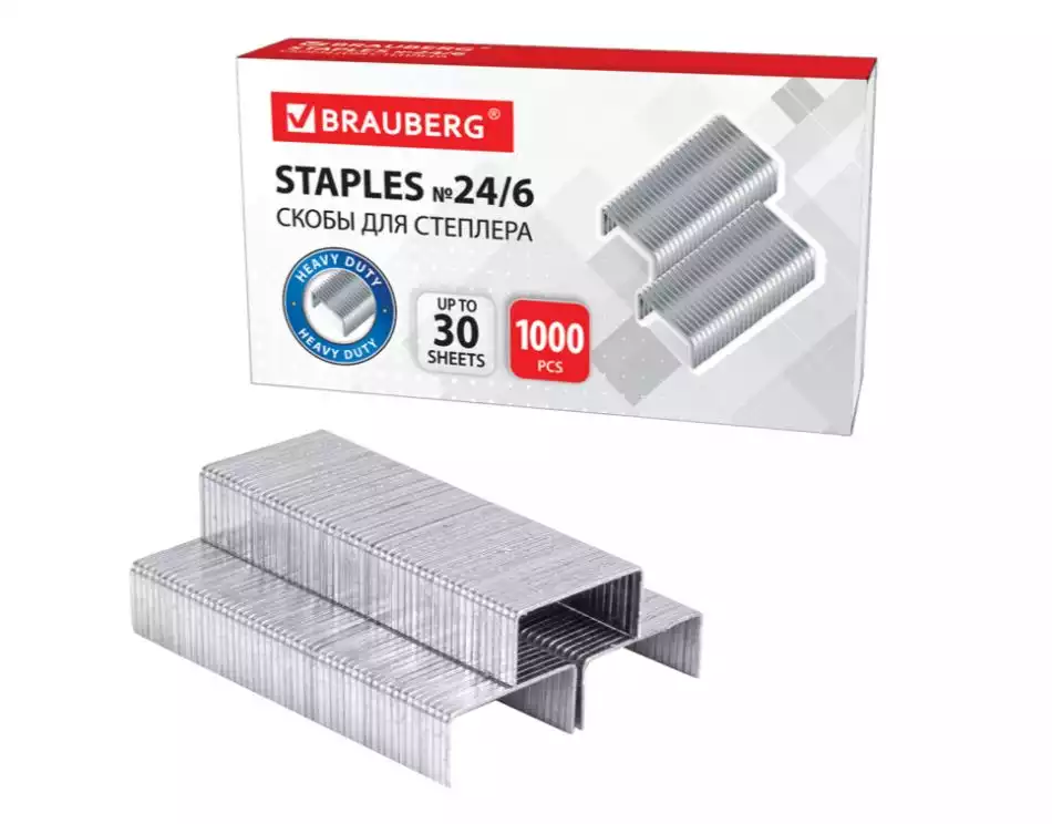 Скобы для степлера №24/6, 1000 штук, BRAUBERG, до 30 листов