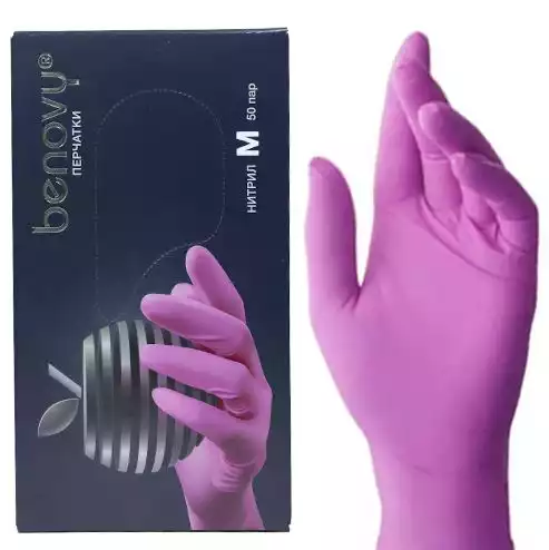 Перчатки смотровые BENOVY нестерильные нитриловые неопудренные, размер M цвет фуксия (розовый) упаковка 50 пар