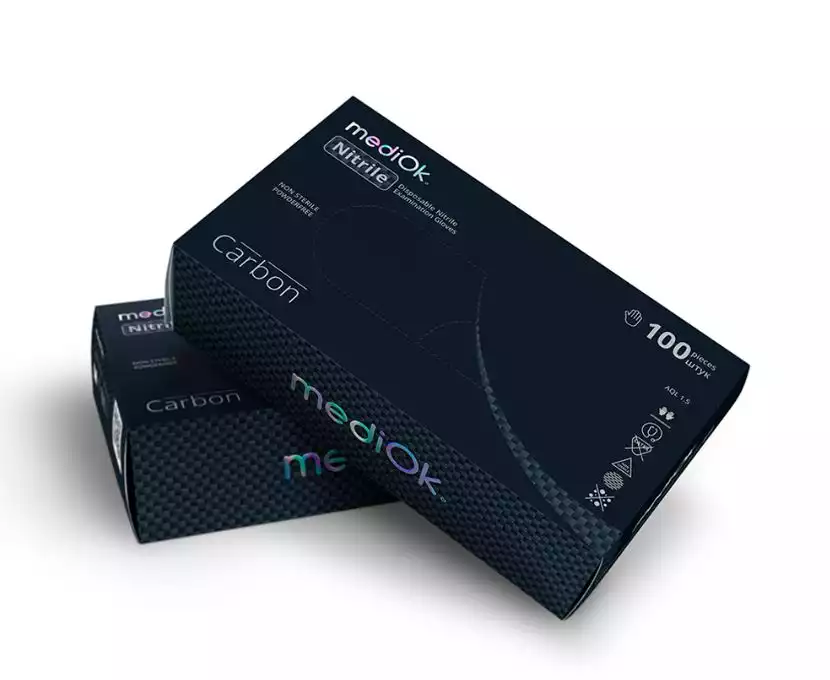 Перчатки смотровые mediOk CARBON, размер S, 8 гр/пара, нитриловые, неопудренные, текстурированные, нестерильные, цвет черный, упаковка 50 пар