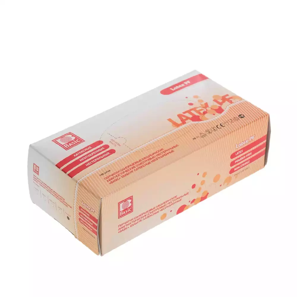 Перчатки смотровые нестерильные латексные неопудренные BASIC EXAM PF размер ХL, 50 пар/упак