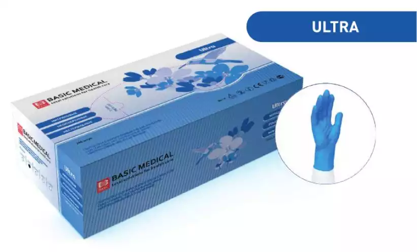 Перчатки BASIC ULTRA, размер L, нитриловые, вес 6,0 г/пара, неопудренные текстурированные на пальцах, цвет голубой,нестерильные, упаковка 100 пар