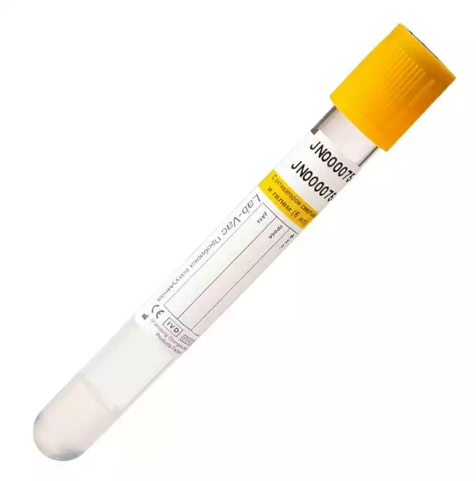 Пробирка вакуумная LabVac пластиковая, объем 6,0 мл, размер 13х100 мм с активатором свертывания и разделительным гелем (желтая крышка)