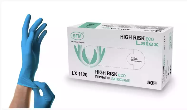 Перчатки SFM HIGH RISK ECO LATEX, размер L, текстурированные на пальцах, неопудренные, латексные, двойная хлоринация, нестерильные, упаковка 25 пар