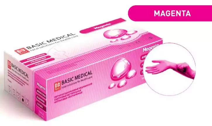 Перчатки Basic Magenta, размер L, нитриловые, вес 7,0 г/пара, неопудренные, текстурированные на пальцах, цвет ярко-розовый, нестерильные, упаковка 50 пар