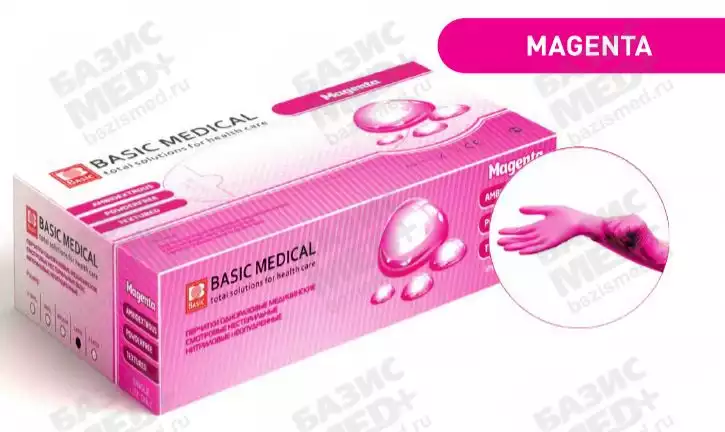Перчатки Basic Magenta, размер L, нитриловые, вес 7,0 г/пара, неопудренные, текстурированные на пальцах, цвет ярко-розовый, нестерильные, упаковка 50 пар