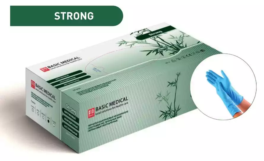 Перчатки Basic Strong, размер M, нитриловые,повышенной прочности: вес 13,0 г/пара, неопудренные, текстурированные на пальцах, удлиненная манжета, цвет белый, нестерильные, упаковка 50 пар