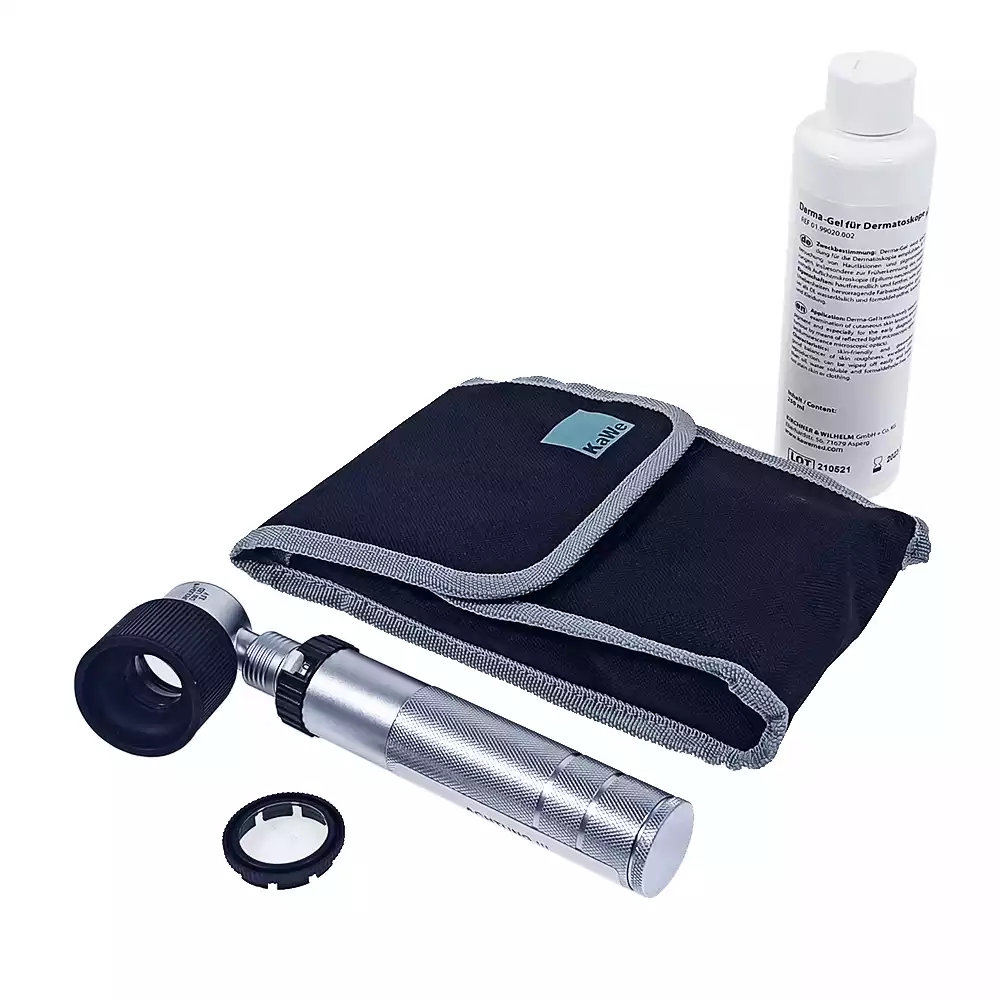 Дерматоскоп EUROLIGHT D30 (3,5В, метал. рукоять, лампа, 10-крат.увеличение, регулировка света, в сумочке+дерма-гель) №01.31630.811