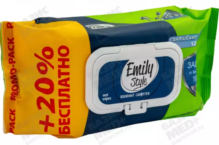 Салфетки влажные  Emily Style 100+20 шт. с клапаном Антибактериальные ПРОМО